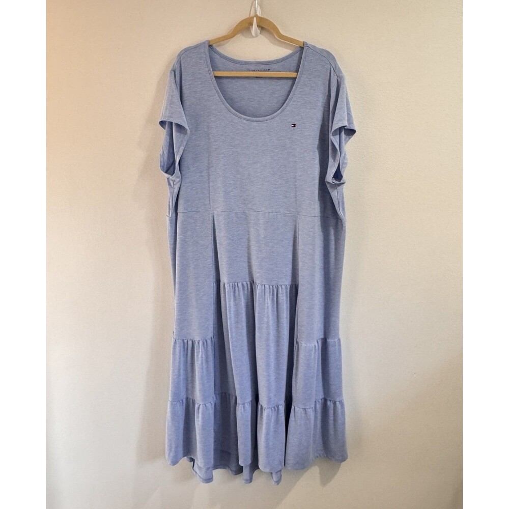 Tommy Hilfiger Shirt Dress 2X Heather Blue Ruffle Layered Stretch Midi Maxi